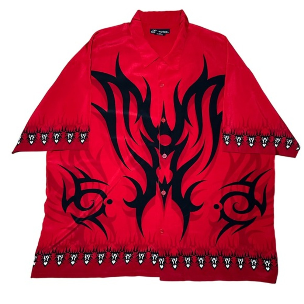 Vintage Y2K No Boundaries Mens Red Tribal Flame Short Sleeve Button Up Shirt 2XL